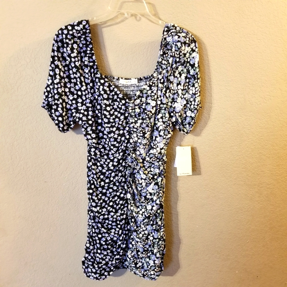 Live To Be Spoiled Juniors New Black/Blue/White/Yellow Ditsy Floral Dress Medium
